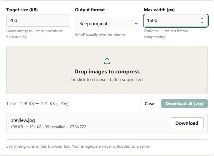 The image compressor with Target size (KB) set to 200, Output format on Keep original and Max width (px) set to 1600, above a completed row showing 198 KB reduced to 191 KB at 1076×722