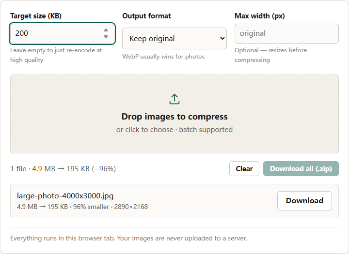 Image compressor with Target size (KB) set to 200, Output format on Keep original, and Max width empty; a 4.9 MB 4000×3000 JPEG row reports 195 KB at 2890×2168