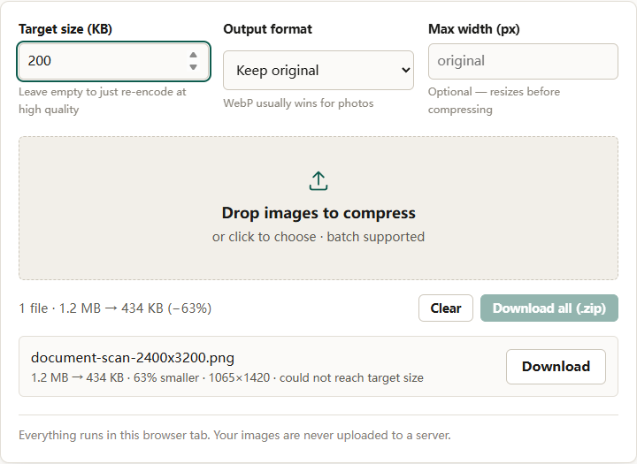 Image-compressor tool with Target size set to 200 KB and Output format on Keep original, showing a 2400×3200 PNG reduced to 434 KB at 1065×1420 with a note that the target could not be reached