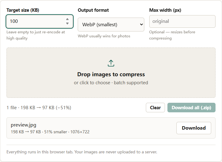 Image compressor with Output format set to WebP and Target size (KB) set to 100; the completed row shows preview.jpg going from 198 KB to 97 KB at 1076×722