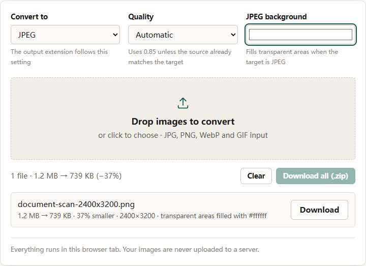 Convert-image tool with Convert to set to JPEG, Quality on Automatic, and the JPEG background color set to white, showing a 2400×3200 PNG converted to JPEG with transparent areas filled with #ffffff