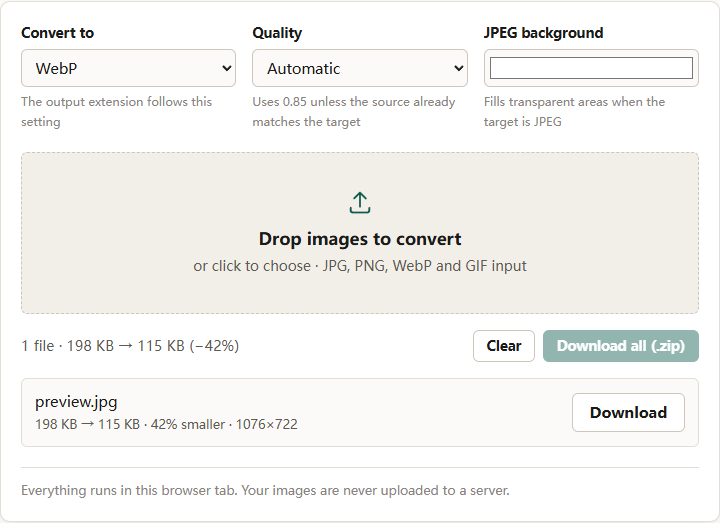 Convert-image tool with Convert to set to WebP and Quality on Automatic, showing a 198 KB JPEG converted to a 115 KB WebP at 1076×722