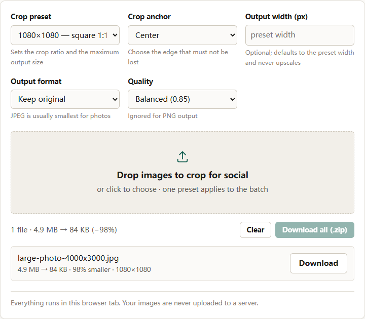 Social crop tool with Crop preset set to 1080×1080 square 1:1, Crop anchor on Center, and Output format on Keep original; a 4.9 MB 4000×3000 JPEG row reports 84 KB at 1080×1080
