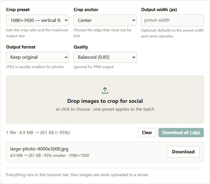 Crop-for-social tool with the 1080×1920 vertical 9:16 preset and Center anchor, showing a 4000×3000 image cropped to a vertical frame with the result dimensions in the row below