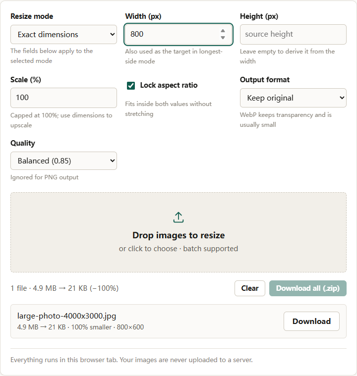 Image resizer set to Exact dimensions with 800 in Width (px), Height left empty, and Lock aspect ratio checked; a 4.9 MB 4000×3000 JPEG row reports 21 KB at 800×600